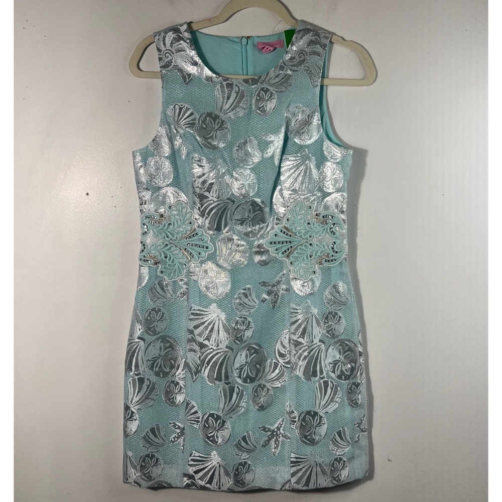 Lilly Pulitzer Mila Shift Dress Seasalt Tint Metallic Shell Jacquard Dress 4 NWT